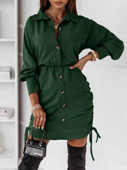 Women's Dresses Drawstring Button Long Sleeve Shirt Dress - Mini Dresses - INS | Online Fashion Free Shipping Clothing, Dresses, Tops, Shoes - 02/09/2021 - 20-30 - Category_Mini Dresses