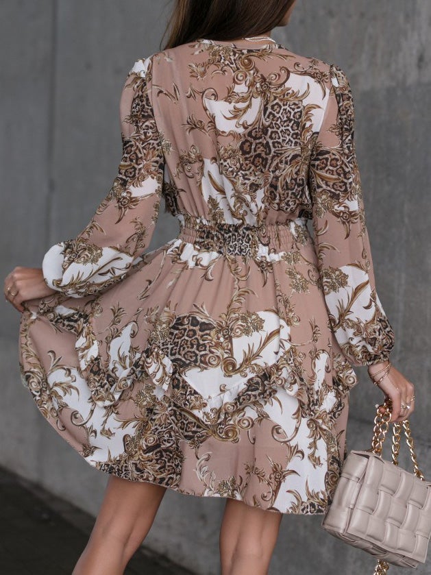Women's Dresses Fashion Printed V-Neck Long Sleeve Dress - Midi Dresses - Instastyled | Online Fashion Free Shipping Clothing, Dresses, Tops, Shoes - 23/12/2021 - 30-40 - color-apricot