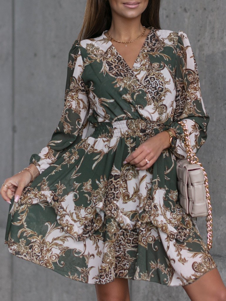 Women's Dresses Fashion Printed V-Neck Long Sleeve Dress - Midi Dresses - Instastyled | Online Fashion Free Shipping Clothing, Dresses, Tops, Shoes - 23/12/2021 - 30-40 - color-apricot