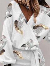 Women's Dresses Feather Print V-Neck Belted Long Sleeve Dress - Mini Dresses - Instastyled | Online Fashion Free Shipping Clothing, Dresses, Tops, Shoes - 22/12/2021 - 40-50 - color-white