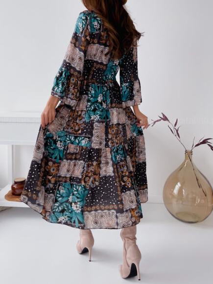 Women's Dresses Flared Long Sleeve Multicolor Printed Dress - Midi Dresses - INS | Online Fashion Free Shipping Clothing, Dresses, Tops, Shoes - 08/10/2021 - 30-40 - color-multi