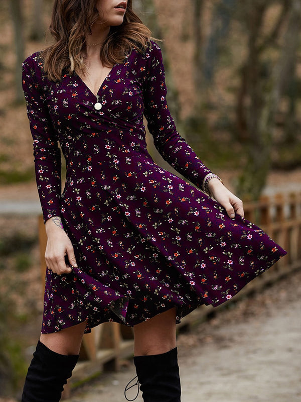 Women's Dresses Floral Long Sleeve V-Neck Mini Dress - Mini Dresses - INS | Online Fashion Free Shipping Clothing, Dresses, Tops, Shoes - 27/09/2021 - Color_Blue - Color_Green