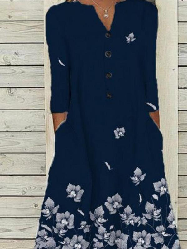 Women's Dresses Floral Print Button Pocket Long Sleeve Dress - Midi Dresses - INS | Online Fashion Free Shipping Clothing, Dresses, Tops, Shoes - 07/09/2021 - 20-30 - Category_Midi Dresses