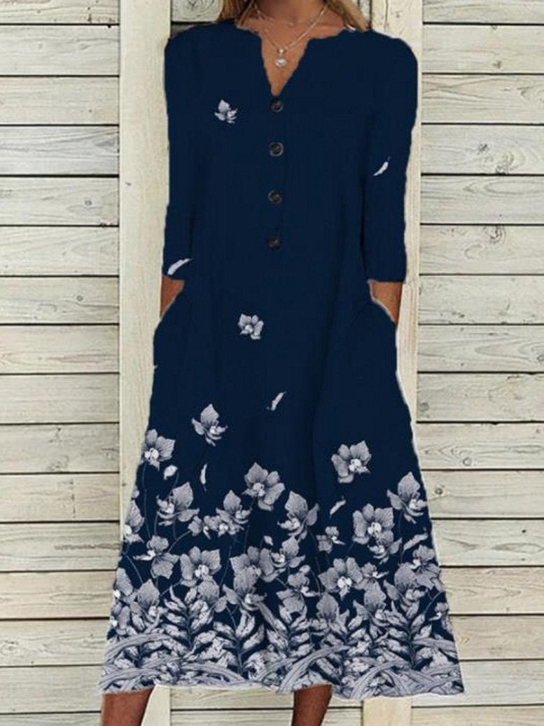 Women's Dresses Floral Print Button Pocket Long Sleeve Dress - Midi Dresses - INS | Online Fashion Free Shipping Clothing, Dresses, Tops, Shoes - 07/09/2021 - 20-30 - Category_Midi Dresses