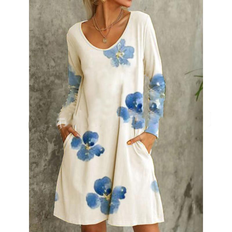 Women's Dresses Floral Print V-Neck Long Sleeve Pocket Dress - Midi Dresses - INS | Online Fashion Free Shipping Clothing, Dresses, Tops, Shoes - 08/09/2021 - 20-30 - Category_Midi Dresses