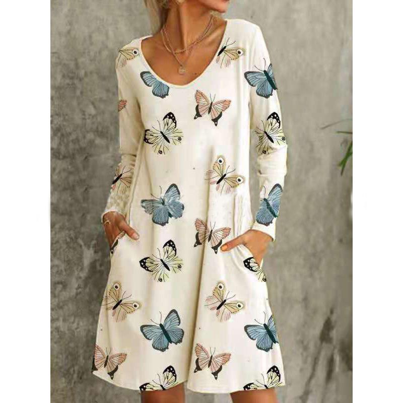 Women's Dresses Floral Print V-Neck Long Sleeve Pocket Dress - Midi Dresses - INS | Online Fashion Free Shipping Clothing, Dresses, Tops, Shoes - 08/09/2021 - 20-30 - Category_Midi Dresses