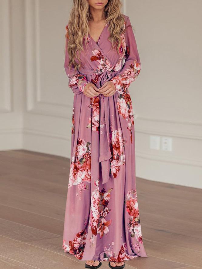 Women's Dresses Floral Print V-Neck Tie Long Sleeve Dress - Maxi Dresses - INS | Online Fashion Free Shipping Clothing, Dresses, Tops, Shoes - 08/09/2021 - 30-40 - Category_Maxi Dresses