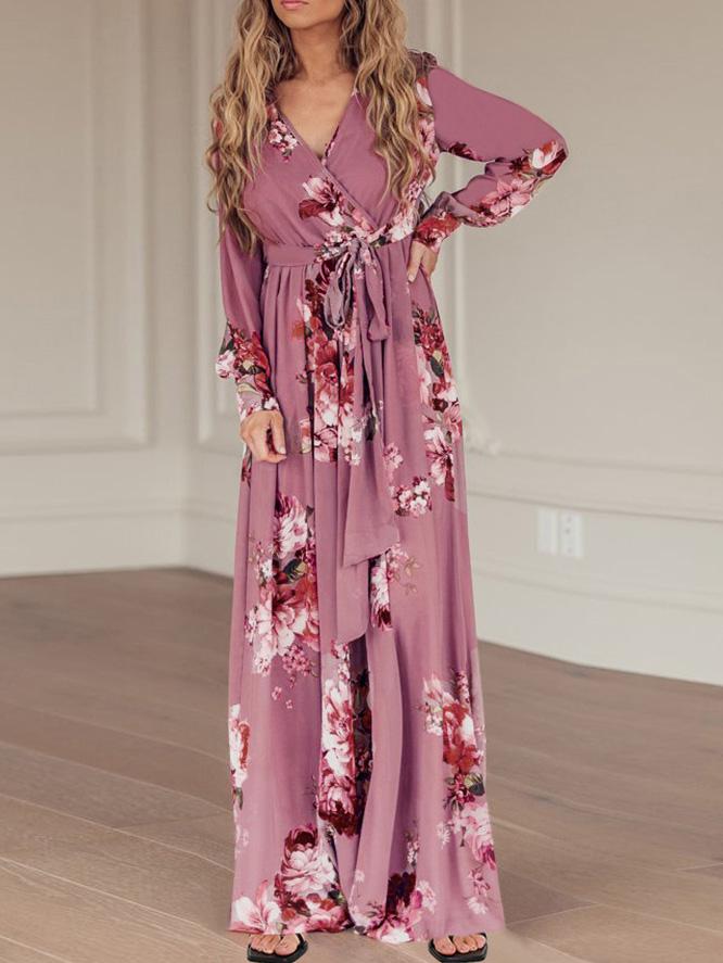 Women's Dresses Floral Print V-Neck Tie Long Sleeve Dress - Maxi Dresses - INS | Online Fashion Free Shipping Clothing, Dresses, Tops, Shoes - 08/09/2021 - 30-40 - Category_Maxi Dresses