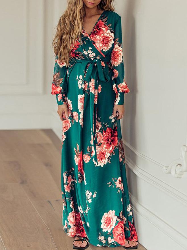 Women's Dresses Floral Print V-Neck Tie Long Sleeve Dress - Maxi Dresses - INS | Online Fashion Free Shipping Clothing, Dresses, Tops, Shoes - 08/09/2021 - 30-40 - Category_Maxi Dresses