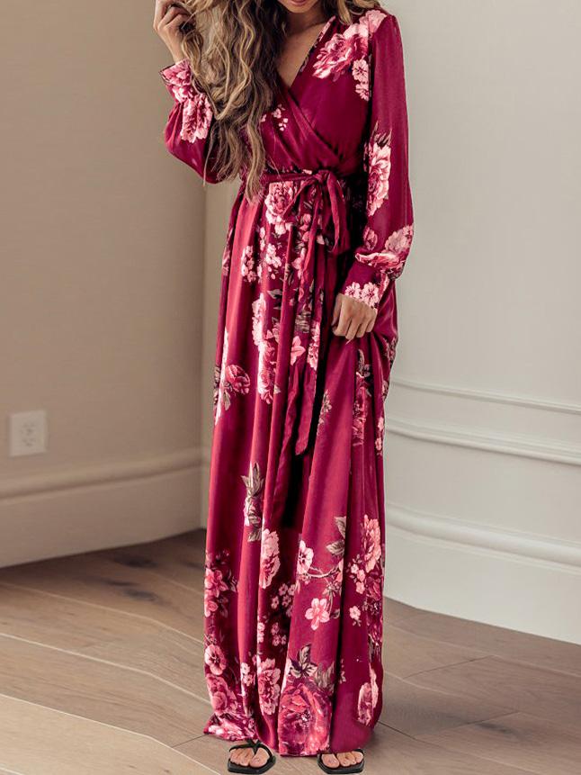 Women's Dresses Floral Print V-Neck Tie Long Sleeve Dress - Maxi Dresses - INS | Online Fashion Free Shipping Clothing, Dresses, Tops, Shoes - 08/09/2021 - 30-40 - Category_Maxi Dresses