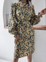 Women's Dresses Floral Stand Collar Lantern Long Sleeve Chiffon Dress - Midi Dresses - INS | Online Fashion Free Shipping Clothing, Dresses, Tops, Shoes - 20-30 - 20/08/2021 - Category_Midi Dresses