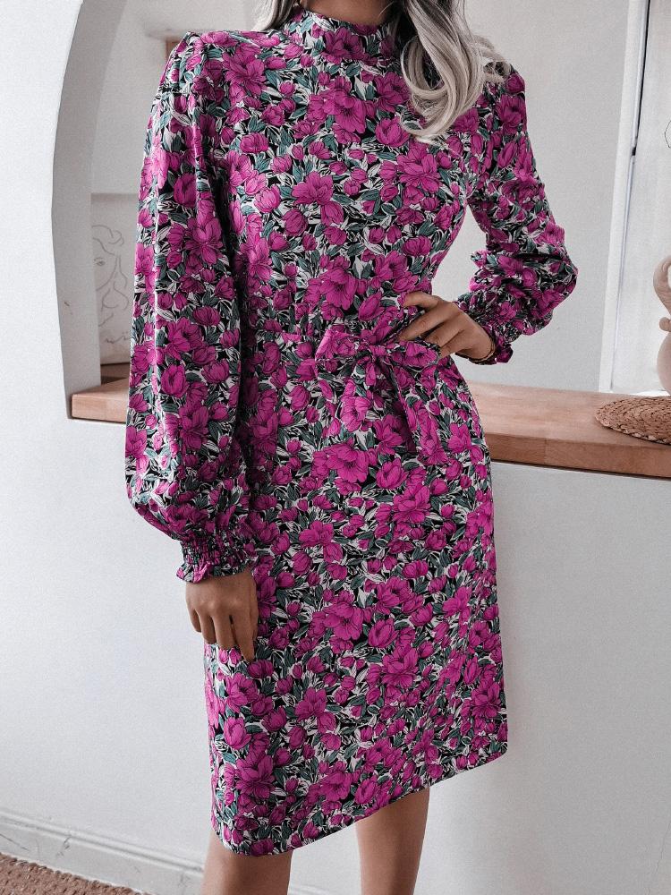 Women's Dresses Floral Stand Collar Lantern Long Sleeve Chiffon Dress - Midi Dresses - INS | Online Fashion Free Shipping Clothing, Dresses, Tops, Shoes - 20-30 - 20/08/2021 - Category_Midi Dresses