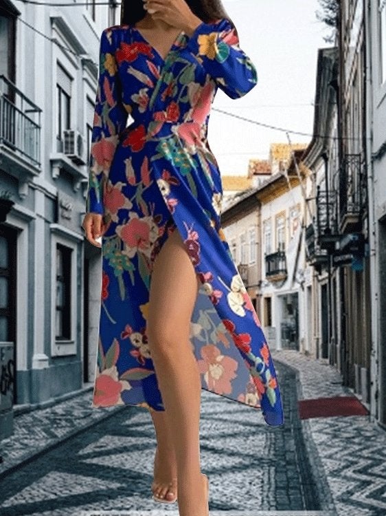 Women's Dresses Floral V-Neck Commuter Long Sleeve Dress - Midi Dresses - INS | Online Fashion Free Shipping Clothing, Dresses, Tops, Shoes - 28/09/2021 - Color_Multicolor - DRE2109282692