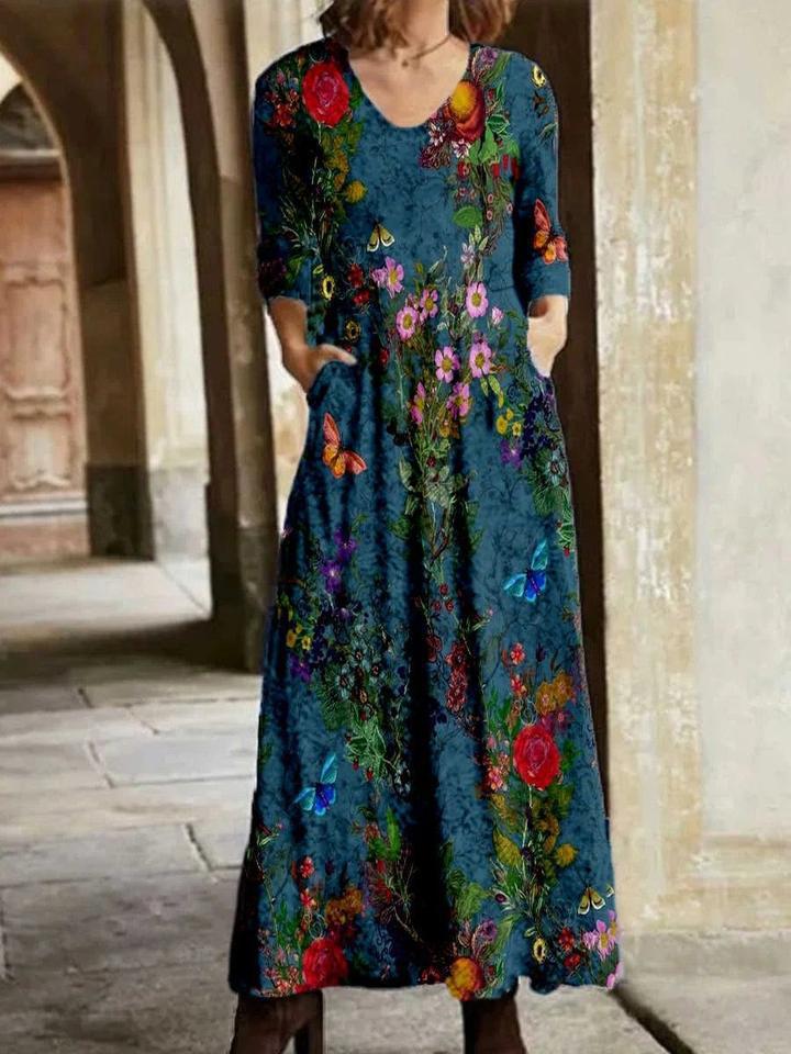 Women's Dresses Floral V-Neck Pocket Long Sleeve Dress - Maxi Dresses - INS | Online Fashion Free Shipping Clothing, Dresses, Tops, Shoes - 27/10/2021 - 30-40 - color-green