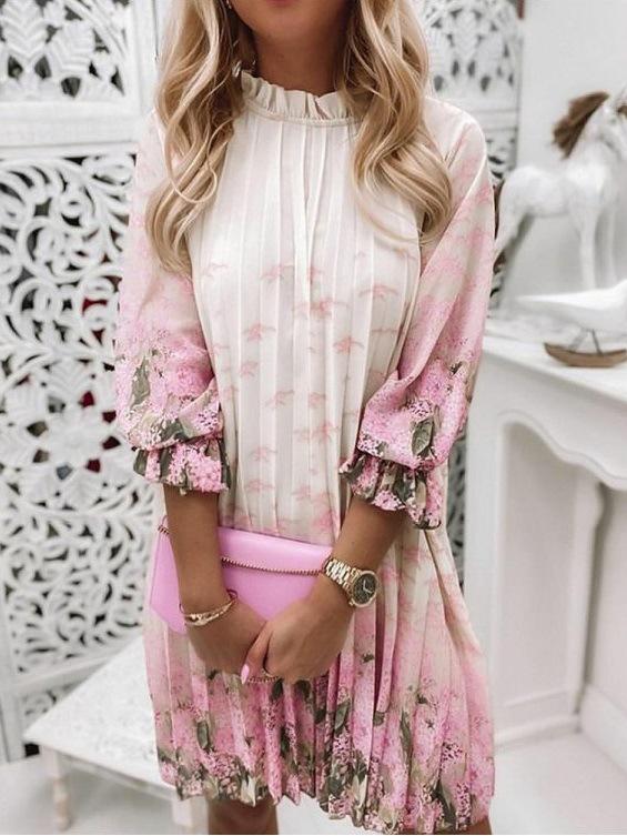 Women's Dresses Flower Print Pleated Three-Quarter Sleeve Pullover Dress - Mini Dresses - INS | Online Fashion Free Shipping Clothing, Dresses, Tops, Shoes - 20-30 - 23/10/2021 - color-apricot