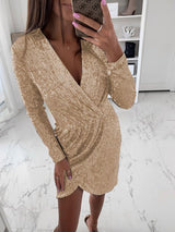 Women's Dresses Gilded Deep V-Neck Long Sleeve Irregular Mini Dress - Mini Dresses - INS | Online Fashion Free Shipping Clothing, Dresses, Tops, Shoes - 08/11/2021 - 20-30 - color-black