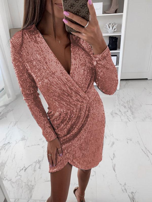 Women's Dresses Gilded Deep V-Neck Long Sleeve Irregular Mini Dress - Mini Dresses - INS | Online Fashion Free Shipping Clothing, Dresses, Tops, Shoes - 08/11/2021 - 20-30 - color-black