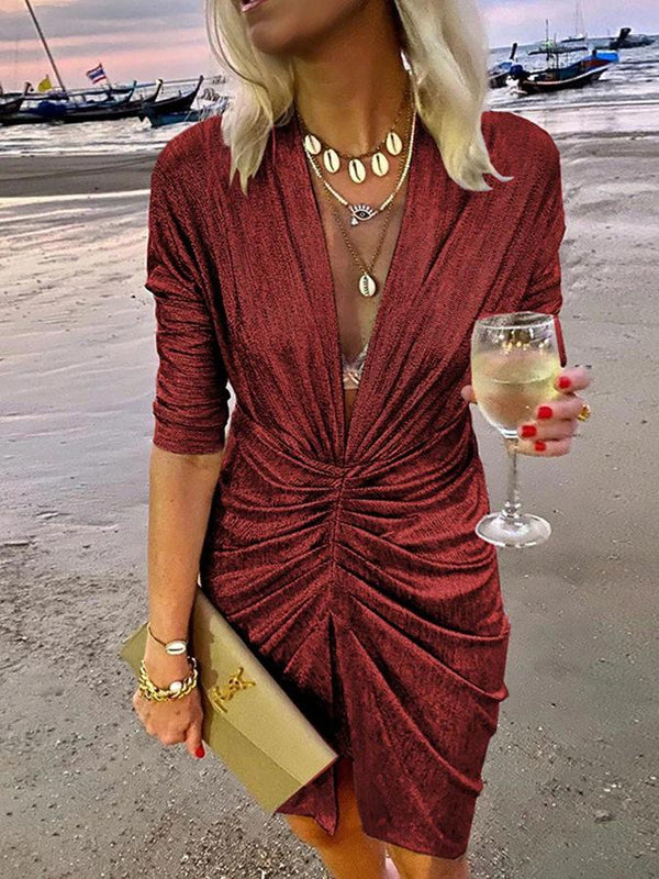 Women's Dresses Glittering V-Neck Pleated Long Sleeve Dress - Mini Dresses - INS | Online Fashion Free Shipping Clothing, Dresses, Tops, Shoes - 24/11/2021 - color-dark_brown - color-gold