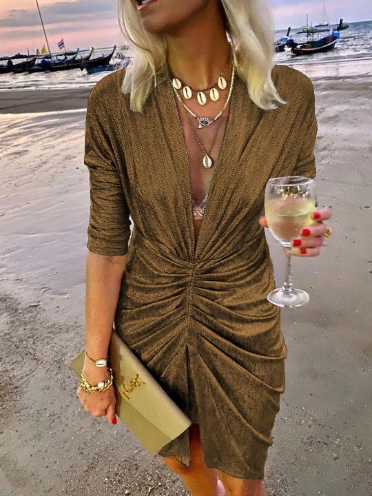 Women's Dresses Glittering V-Neck Pleated Long Sleeve Dress - Mini Dresses - INS | Online Fashion Free Shipping Clothing, Dresses, Tops, Shoes - 24/11/2021 - color-dark_brown - color-gold