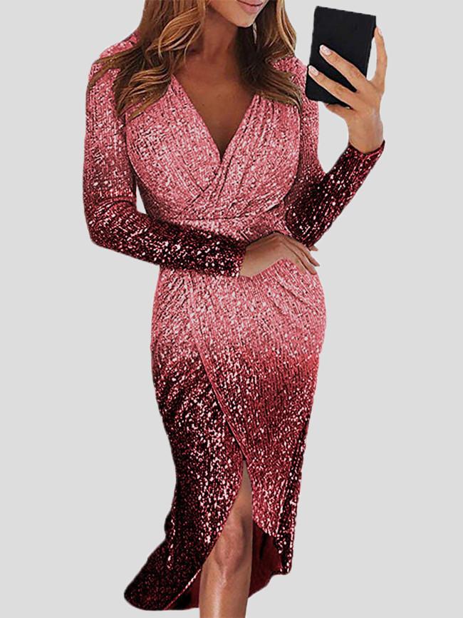 Women's Dresses Gradient Sequined V-Neck Long Sleeve Dress - Midi Dresses - INS | Online Fashion Free Shipping Clothing, Dresses, Tops, Shoes - 19/10/2021 - 30-40 - color-blue