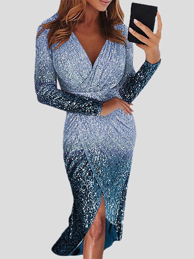 Women's Dresses Gradient Sequined V-Neck Long Sleeve Dress - Midi Dresses - INS | Online Fashion Free Shipping Clothing, Dresses, Tops, Shoes - 19/10/2021 - 30-40 - color-blue