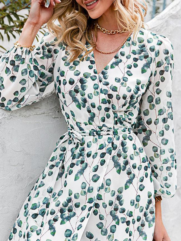 Women's Dresses Green Leaf Print Long Sleeve Lace-Up Dress - Midi Dresses - INS | Online Fashion Free Shipping Clothing, Dresses, Tops, Shoes - 30-40 - Category_Midi Dresses - color-white