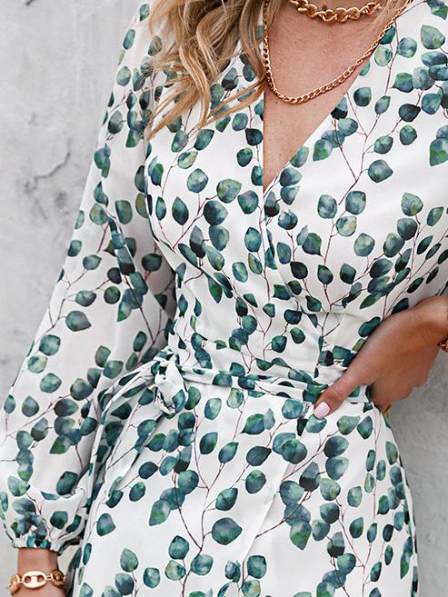 Women's Dresses Green Leaf Print Long Sleeve Lace-Up Dress - Midi Dresses - INS | Online Fashion Free Shipping Clothing, Dresses, Tops, Shoes - 30-40 - Category_Midi Dresses - color-white