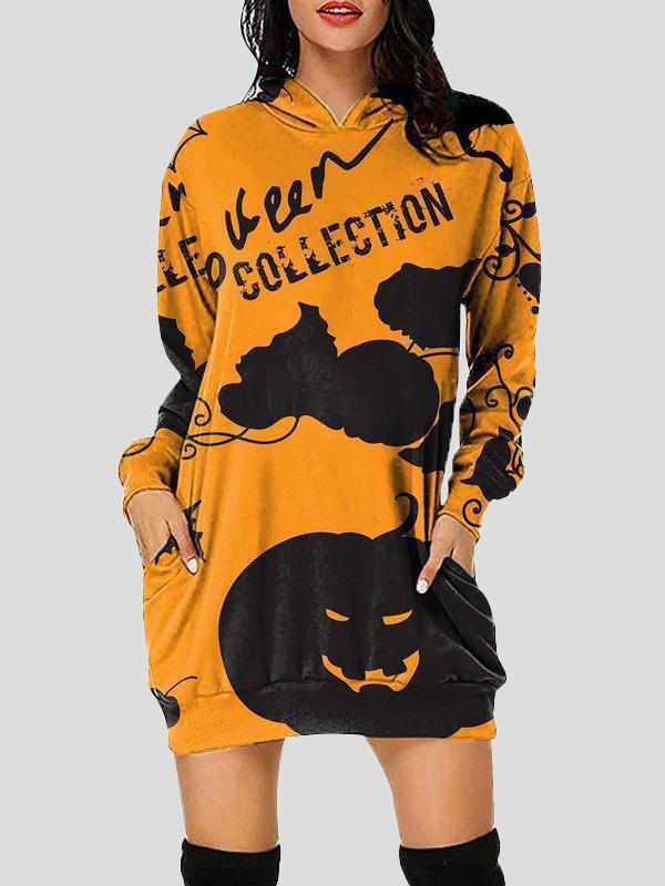 Women's Dresses Halloween Print Hooded Pocket Long Sleeve Dress - Mini Dresses - INS | Online Fashion Free Shipping Clothing, Dresses, Tops, Shoes - 18/09/2021 - 20-30 - Category_Mini Dresses