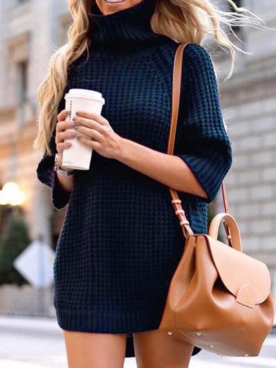 Women's Dresses High Collar Irregular Split Sweater Dress - Mini Dresses - INS | Online Fashion Free Shipping Clothing, Dresses, Tops, Shoes - 12/11/2021 - 30-40 - color-blue