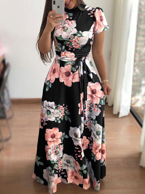 Women's Dresses High Neck Floral Print Tie Long Sleeve Dress - Maxi Dresses - INS | Online Fashion Free Shipping Clothing, Dresses, Tops, Shoes - 10-20 - Category_Maxi Dresses - color-black