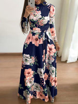 Women's Dresses High Neck Floral Print Tie Long Sleeve Dress - Maxi Dresses - INS | Online Fashion Free Shipping Clothing, Dresses, Tops, Shoes - 10-20 - Category_Maxi Dresses - color-black