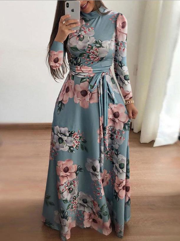 Women's Dresses High Neck Floral Print Tie Long Sleeve Dress - Maxi Dresses - INS | Online Fashion Free Shipping Clothing, Dresses, Tops, Shoes - 10-20 - Category_Maxi Dresses - color-black