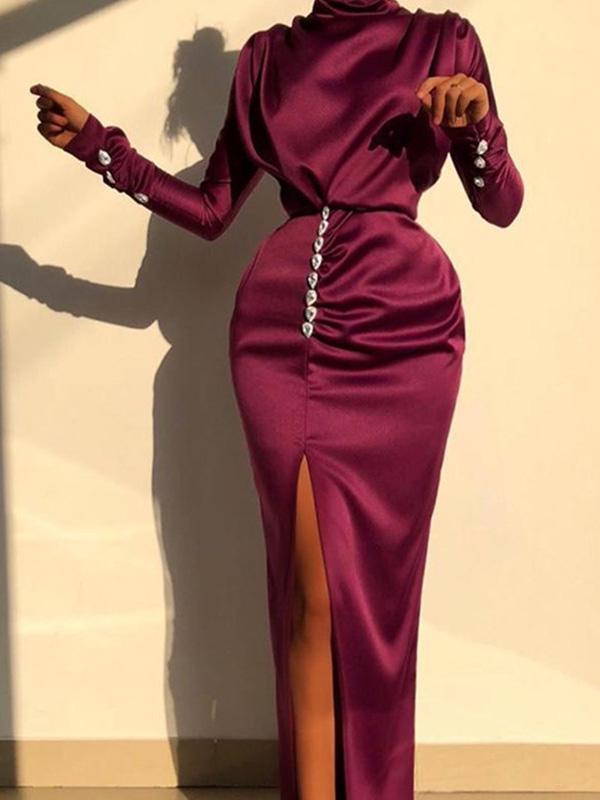 Women's Dresses High Neck Long Sleeve Water Drop Rhinestone Split Dress - Maxi Dresses - INS | Online Fashion Free Shipping Clothing, Dresses, Tops, Shoes - 23/09/2021 - 40-50 - color-black