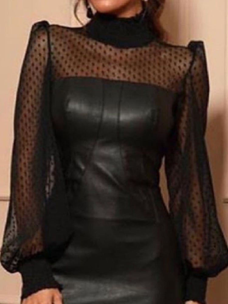 Women's Dresses High Neck Mesh Stitching Long Sleeve Skinny Leather Dress - Midi Dresses - Instastyled | Online Fashion Free Shipping Clothing, Dresses, Tops, Shoes - 23/12/2021 - 40-50 - color-black