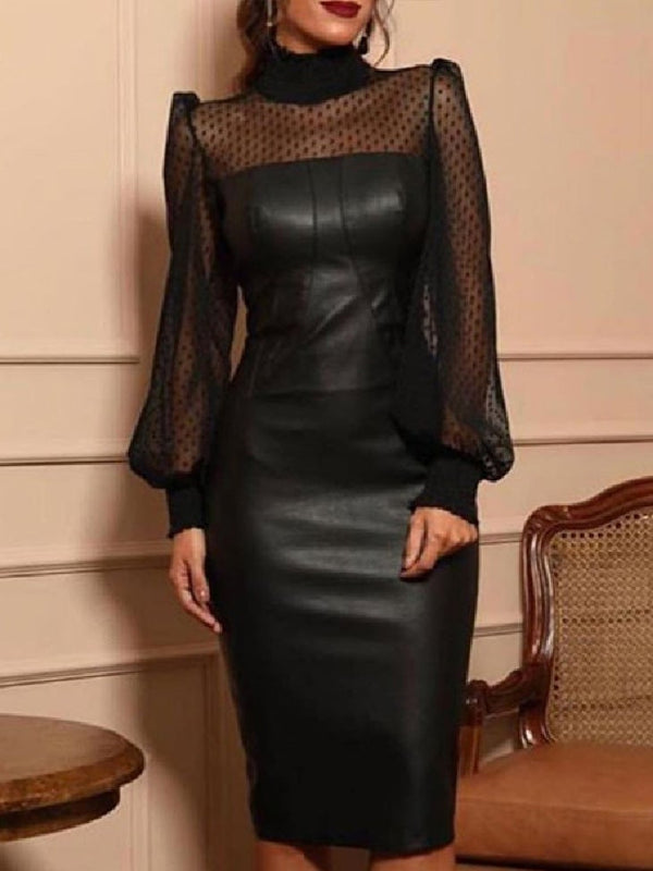 Women's Dresses High Neck Mesh Stitching Long Sleeve Skinny Leather Dress - Midi Dresses - Instastyled | Online Fashion Free Shipping Clothing, Dresses, Tops, Shoes - 23/12/2021 - 40-50 - color-black