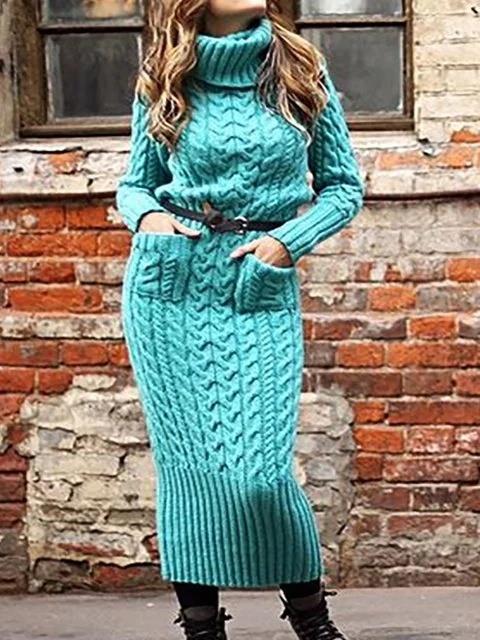 Women's Dresses High Neck Pocket Long Sleeve Sweater Dress - Maxi Dresses - INS | Online Fashion Free Shipping Clothing, Dresses, Tops, Shoes - 19/11/2021 - 40-50 - color-blue