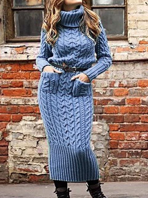 Women's Dresses High Neck Pocket Long Sleeve Sweater Dress - Maxi Dresses - INS | Online Fashion Free Shipping Clothing, Dresses, Tops, Shoes - 19/11/2021 - 40-50 - color-blue