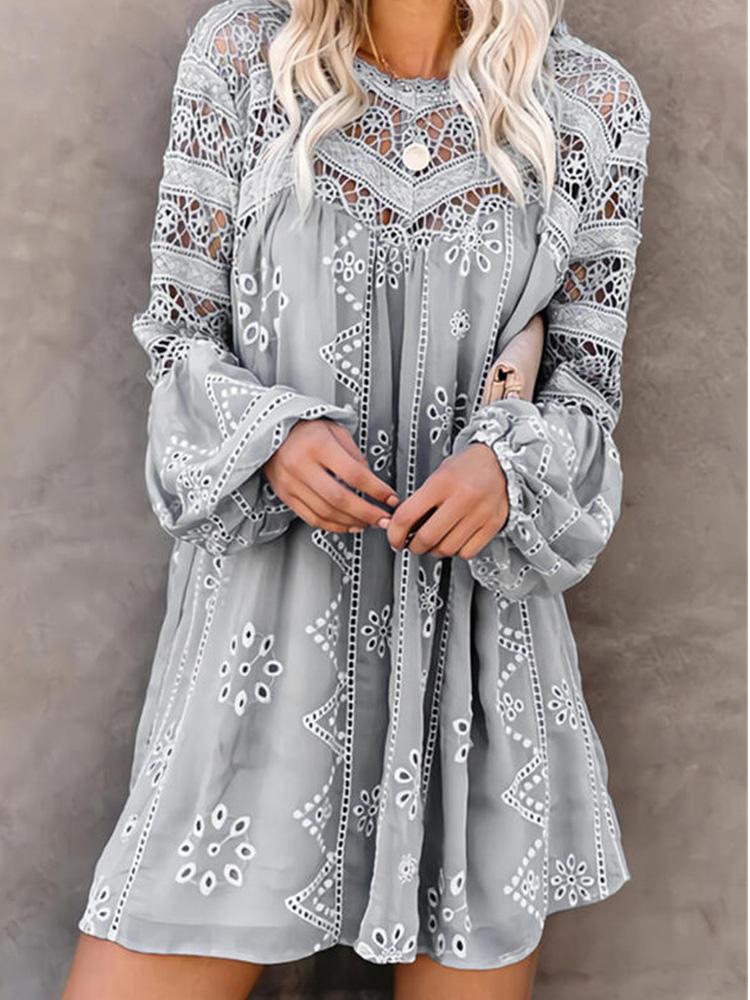 Women's Dresses Hollow Chain Link Round Neck Long sleeve Lace Dress - Mini Dresses - INS | Online Fashion Free Shipping Clothing, Dresses, Tops, Shoes - 10/09/2021 - 40-50 - Category_Mini Dresses