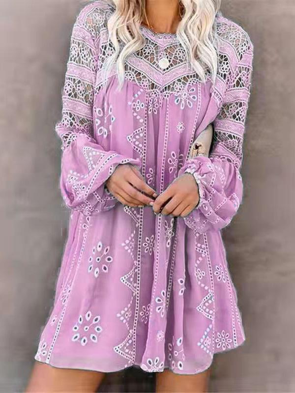 Women's Dresses Hollow Chain Link Round Neck Long sleeve Lace Dress - Mini Dresses - INS | Online Fashion Free Shipping Clothing, Dresses, Tops, Shoes - 10/09/2021 - 40-50 - Category_Mini Dresses