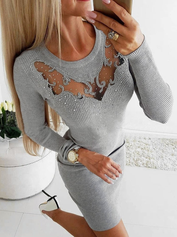 Women's Dresses Hollow Hot Rhinestone Long Sleeve Tight Dress - Midi Dresses - INS | Online Fashion Free Shipping Clothing, Dresses, Tops, Shoes - 20-30 - 26/08/2021 - Category_Midi Dresses