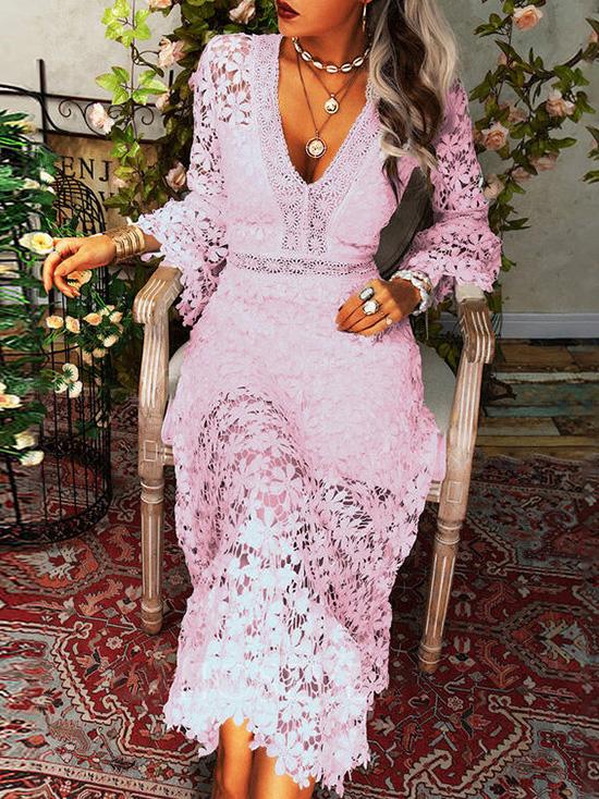 Women's Dresses Hollow Lace V-Neck Long Sleeve Dress - Maxi Dresses - INS | Online Fashion Free Shipping Clothing, Dresses, Tops, Shoes - 27/08/2021 - Category_Maxi Dresses - color-blue