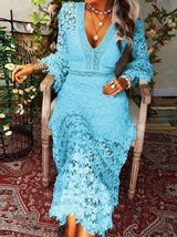 Women's Dresses Hollow Lace V-Neck Long Sleeve Dress - Maxi Dresses - INS | Online Fashion Free Shipping Clothing, Dresses, Tops, Shoes - 27/08/2021 - Category_Maxi Dresses - color-blue