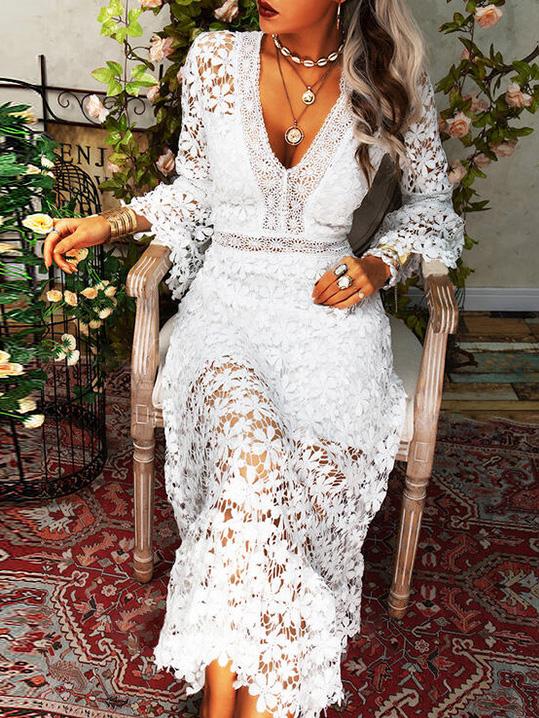 Women's Dresses Hollow Lace V-Neck Long Sleeve Dress - Maxi Dresses - INS | Online Fashion Free Shipping Clothing, Dresses, Tops, Shoes - 27/08/2021 - Category_Maxi Dresses - color-blue