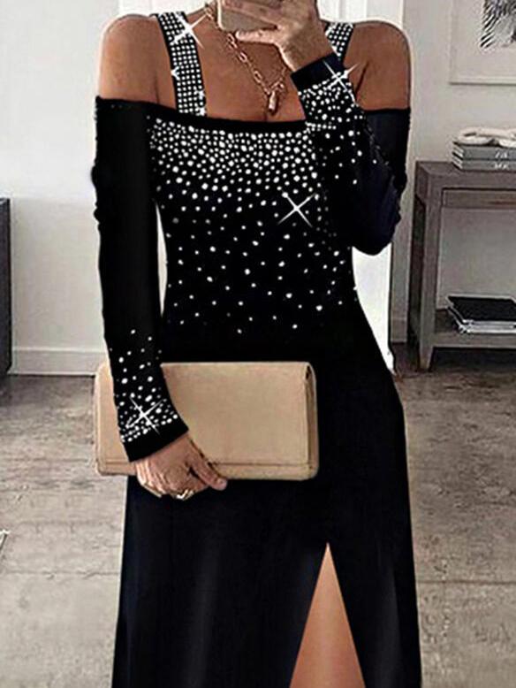 Women's Dresses Hot Rhinestone Sling One Shoulder Slit Dress - Midi Dresses - INS | Online Fashion Free Shipping Clothing, Dresses, Tops, Shoes - 18/11/2021 - 30-40 - color-black