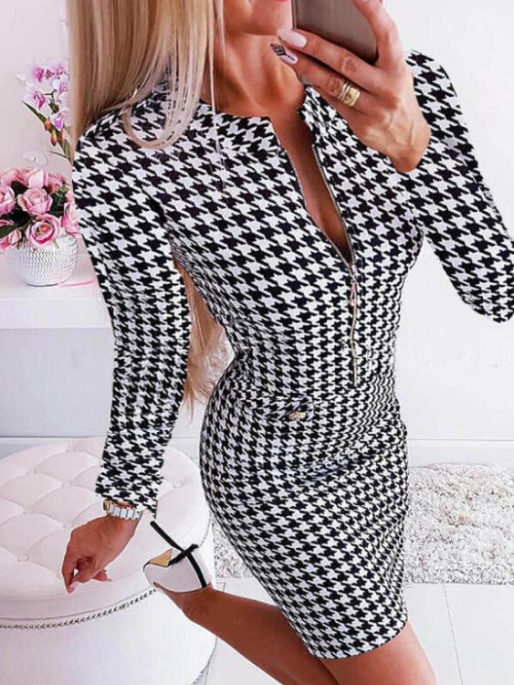 Women's Dresses Houndstooth Gera Chain Long Sleeve Mini Dress - Mini Dresses - INS | Online Fashion Free Shipping Clothing, Dresses, Tops, Shoes - 08/10/2021 - 20-30 - color-black