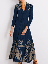 Women's Dresses Knotted V-Neck Printed Long Sleeve Dress - Maxi Dresses - INS | Online Fashion Free Shipping Clothing, Dresses, Tops, Shoes - 04/11/2021 - 20-30 - color-blue