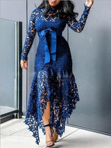 Women's Dresses Lace Hollow Long Sleeve Stand Collar Irregular Dress - Maxi Dresses - INS | Online Fashion Free Shipping Clothing, Dresses, Tops, Shoes - 27/09/2021 - Color_Black - Color_Blue