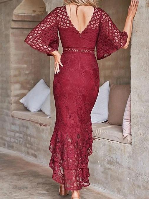 Women's Dresses Lace Mid-Sleeve Slim-Fit Mermaid Dress - Midi Dresses - INS | Online Fashion Free Shipping Clothing, Dresses, Tops, Shoes - 17/09/2021 - Category_Midi Dresses - Color_Blue