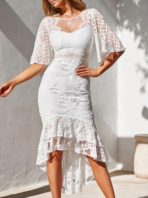 Women's Dresses Lace Mid-Sleeve Slim-Fit Mermaid Dress - Midi Dresses - INS | Online Fashion Free Shipping Clothing, Dresses, Tops, Shoes - 17/09/2021 - Category_Midi Dresses - Color_Blue