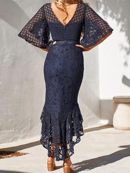 Women's Dresses Lace Mid-Sleeve Slim-Fit Mermaid Dress - Midi Dresses - INS | Online Fashion Free Shipping Clothing, Dresses, Tops, Shoes - 17/09/2021 - Category_Midi Dresses - Color_Blue